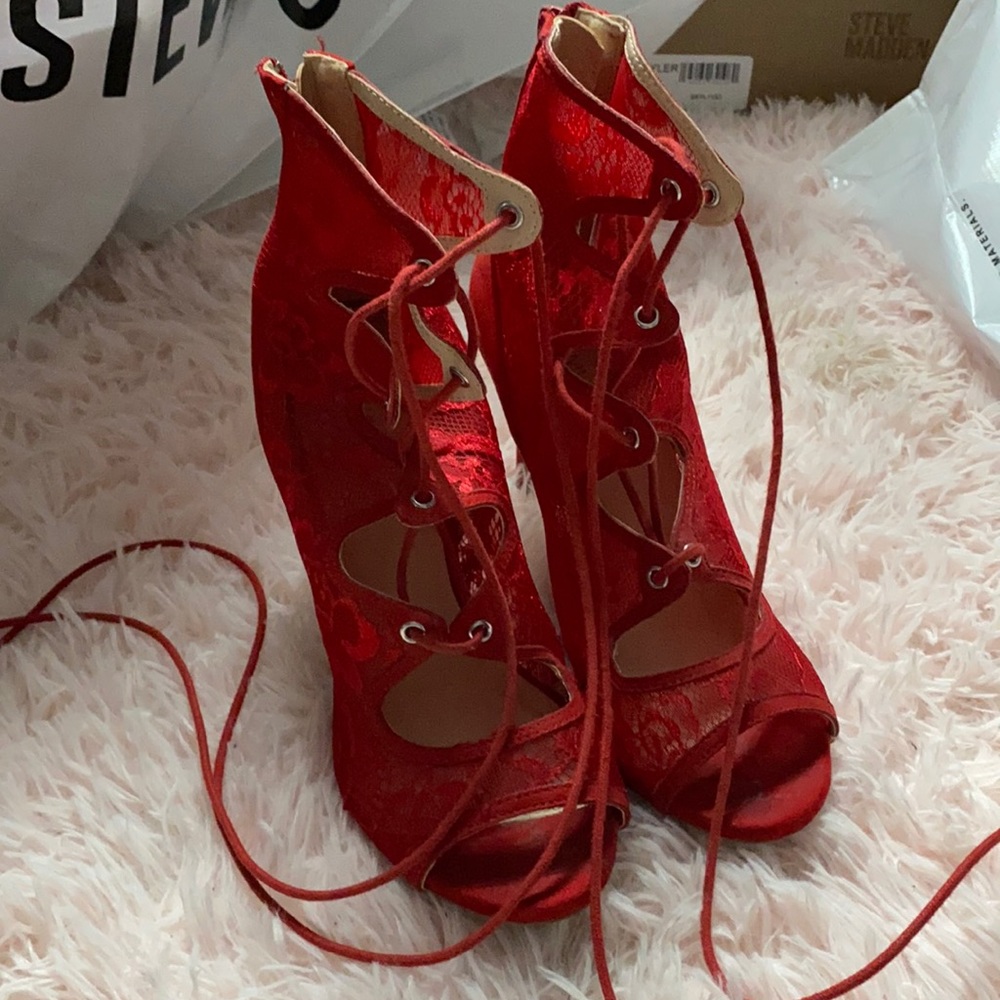 Red Lace, lace up strappy heel